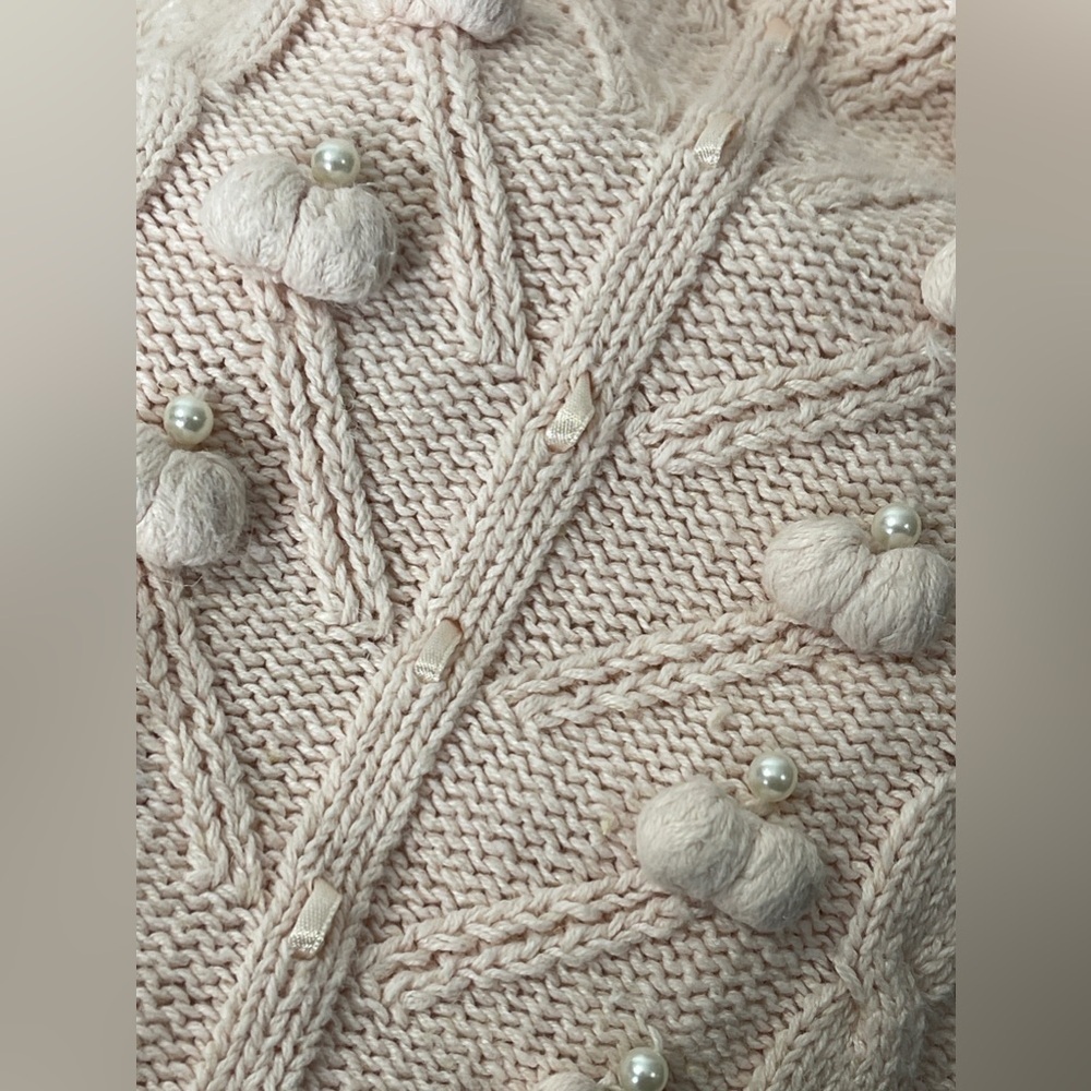 Vintage 90s Casual Corner Hand Knit Heavy Sweater Ribbon Pearls Pink Coquette - Picture 5 of 11